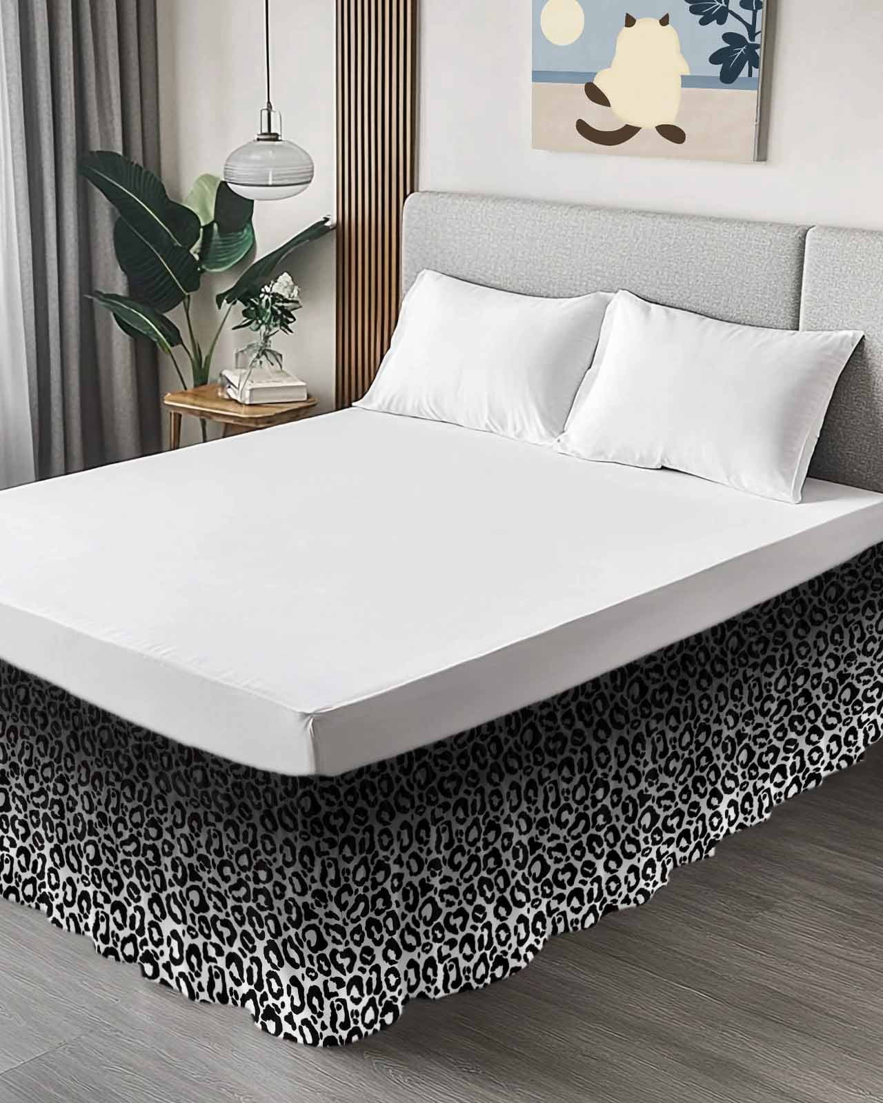 Ombre Leopard Bed Skirt King Size 16" Drop Print Black White Gradient Ruffled Wrap Around Bed Skirts Adjustable Elastic Bedskirt Dust Ruffle for King Size Bed