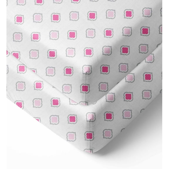 Bacati - Morocan Tiles Crib/Toddler Bed Fitted Sheets 100% Cotton Muslin 2 Pack, Pink/Gray