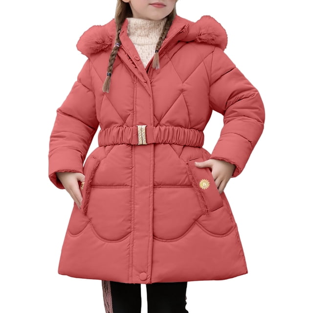 Wdgfv Girls Long Waist Winter Coat For Girls With Warm Filling And Removable Hood Design For Cold Weather Watermelon Red 7-8Years