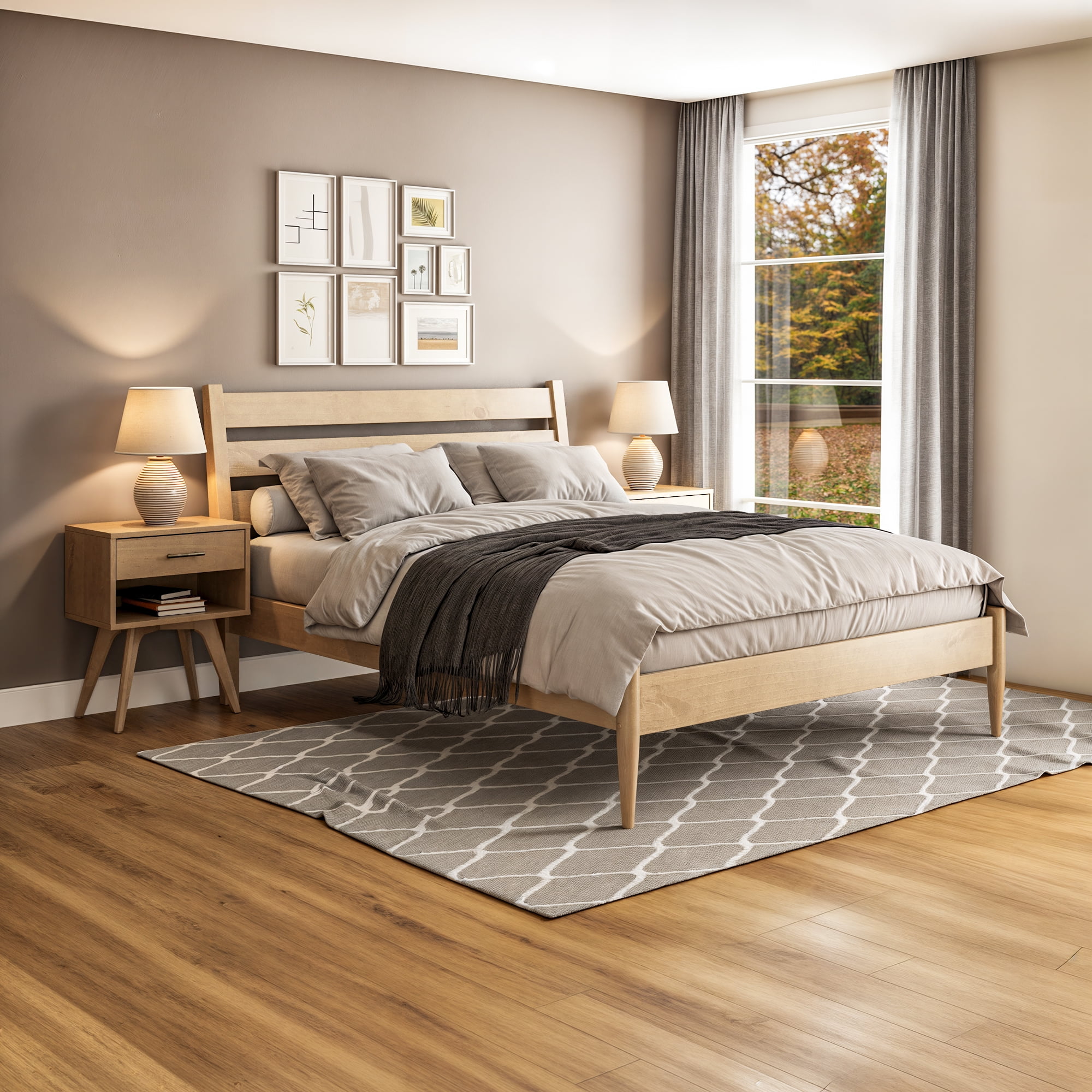 Camaflexi Mid-Century Modern Platform Bed, 100% Solid Wood Bed, Light Oak