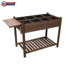 IVV Elevated Wooden Raised Garden Bed - 8 Grid Planter Box with Folding Side Table and Storage Shelf, Fabric Liner & Drainage Holes for Vegetables, Herbs, and Flowers - Dark Brown
