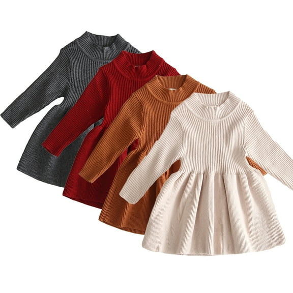 Esaierr Baby Toddler Girl's Knitted Dress 6M-3T Long Sleeve Casua Dress Infant Dress Sweater Dress Kids High Collar Party Dress