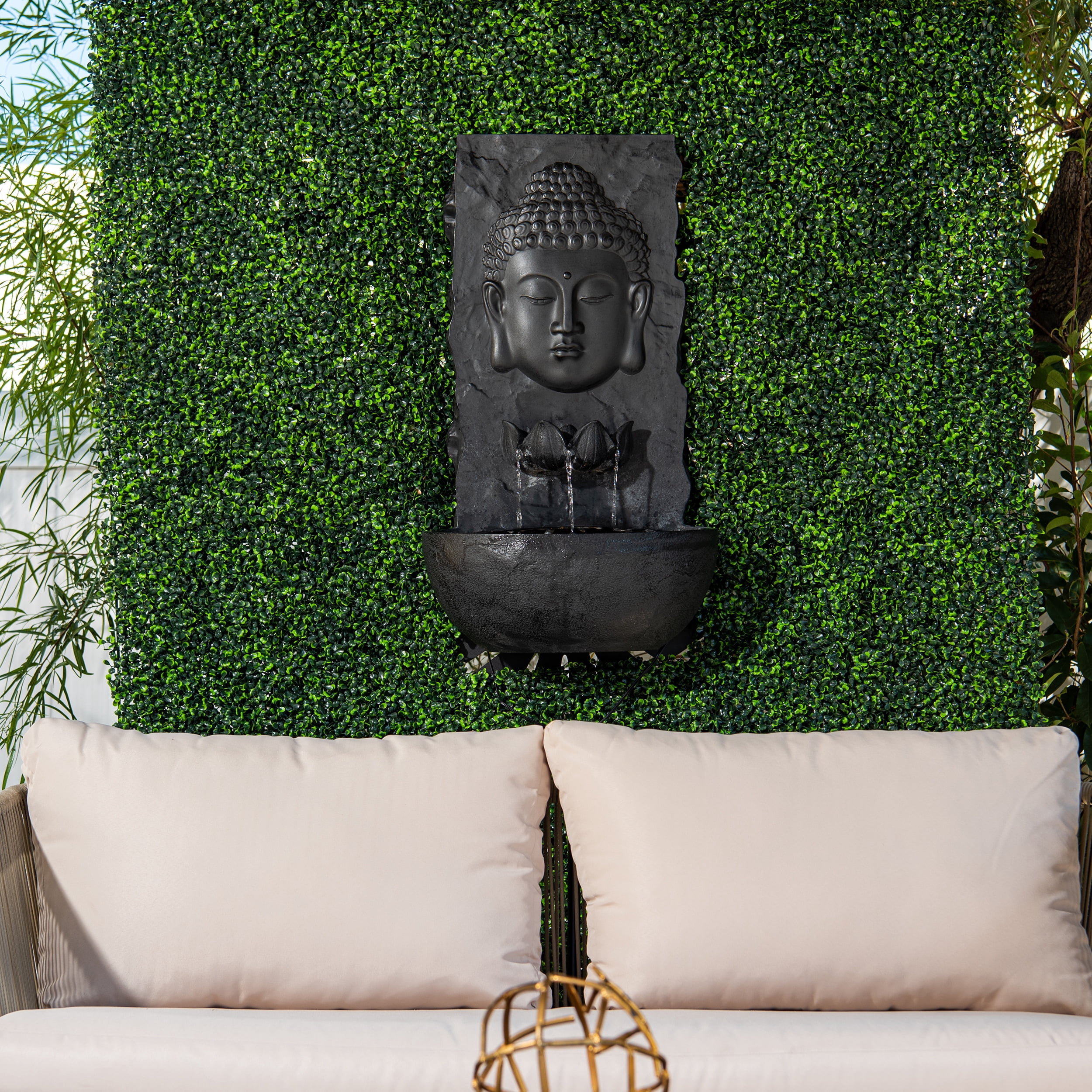 XBrand 30 in H Fiber Resin Wall Buddha Zen Outdoor Garden Water Fountain w/ warm LED Light, Black