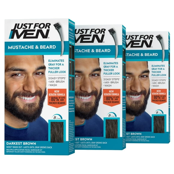 Just For Men Mustache & Beard, Beard Dye for Men with Brush Included for Easy Application, With Biotin Aloe and Coconut Oil for Healthy Facial Hair - Darkest Brown, M-50, Pack of 3