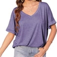 thumbnail image 5 of Summer Rolled Short Sleeve Women V-neck Solid Color Casual Loose T-shirt Tops, 5 of 7