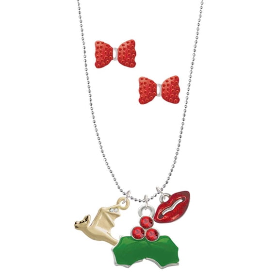 Delight Jewelry Goldtone 3-D Flying Bat with Crystals Christmas Kiss Charm Necklace and Stud Earrings