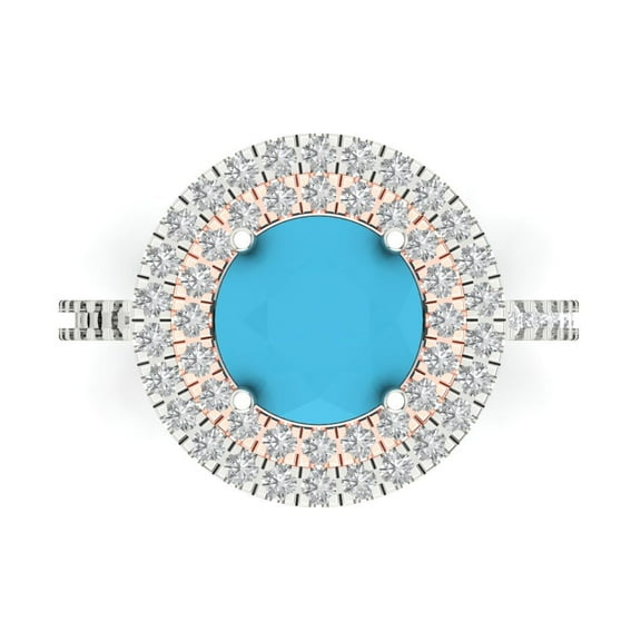2.6 ctw with Simulated Diamond Halo Accents Anniversary Ring for Women | Round Cut Simulated Turquoise | Hyperallergenic Solid 14K White/Rose Gold