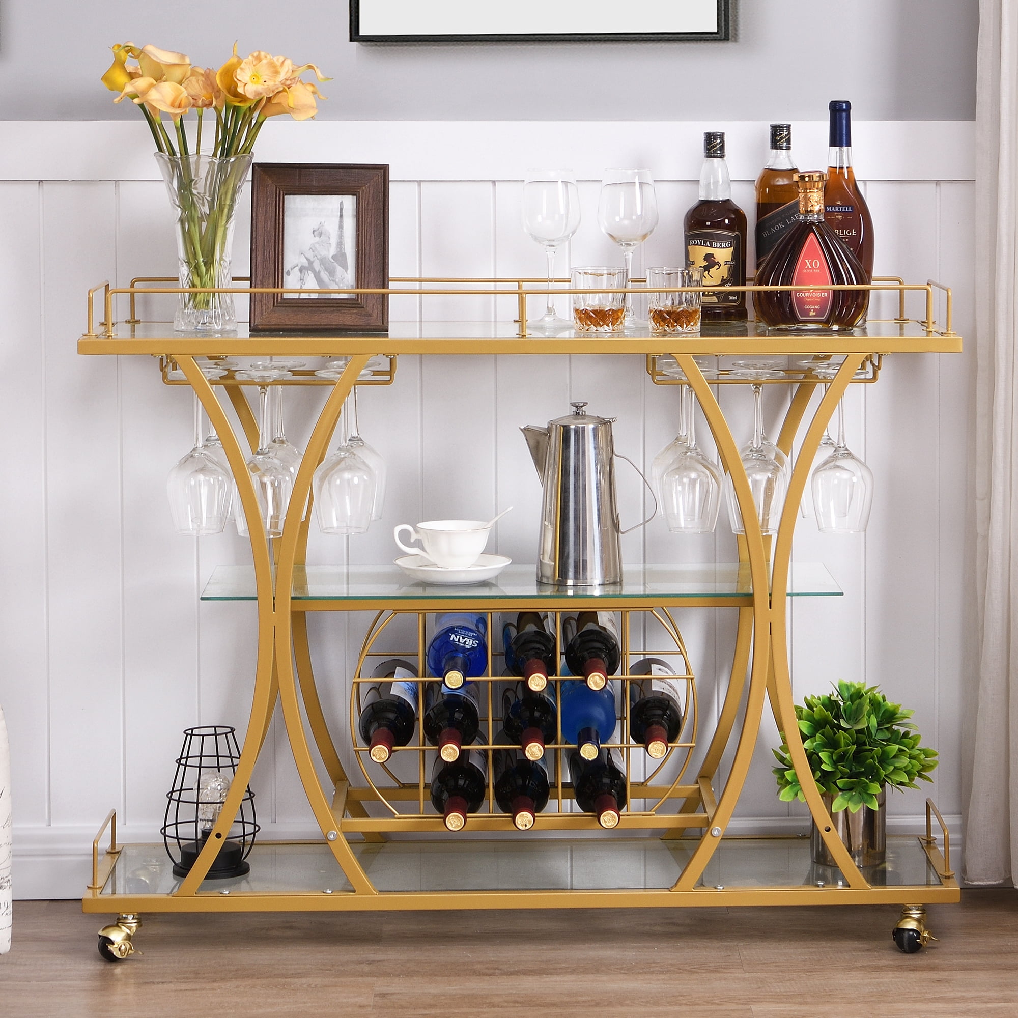 O&K FURNITURE Metal Bar Cart with Wine Rack & Glass Holder, 3Tier Gold