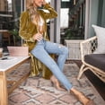thumbnail image 4 of Long Coat Women Cardigan Coat Lapel Long Sleeve Open Front Golden Velvet Fabric Jacket Solid Color Mid-length Outerwear, 4 of 7
