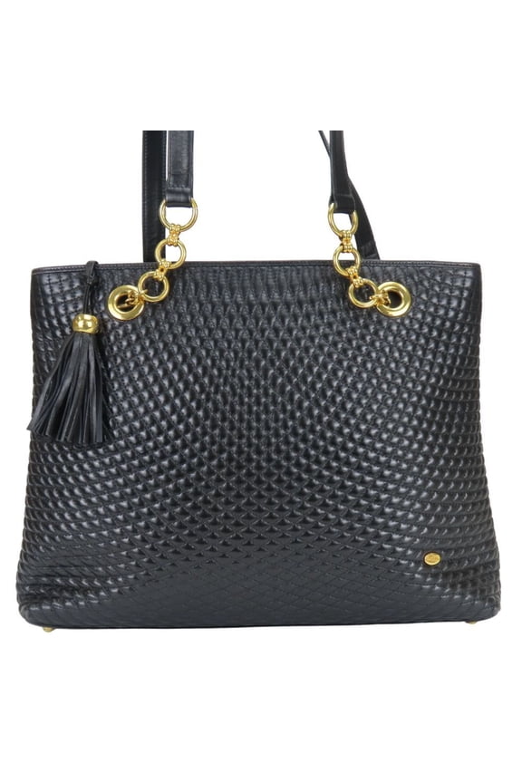 Pre-Owned Bally tote bag, quilted leather, black, gold hardware, chain, fringe, women's.