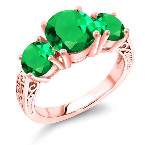 Gem Stone King 18K Rose Gold Plated Silver Round Green Simulated Emerald Women Ring (3.19 Cttw, Size 5)