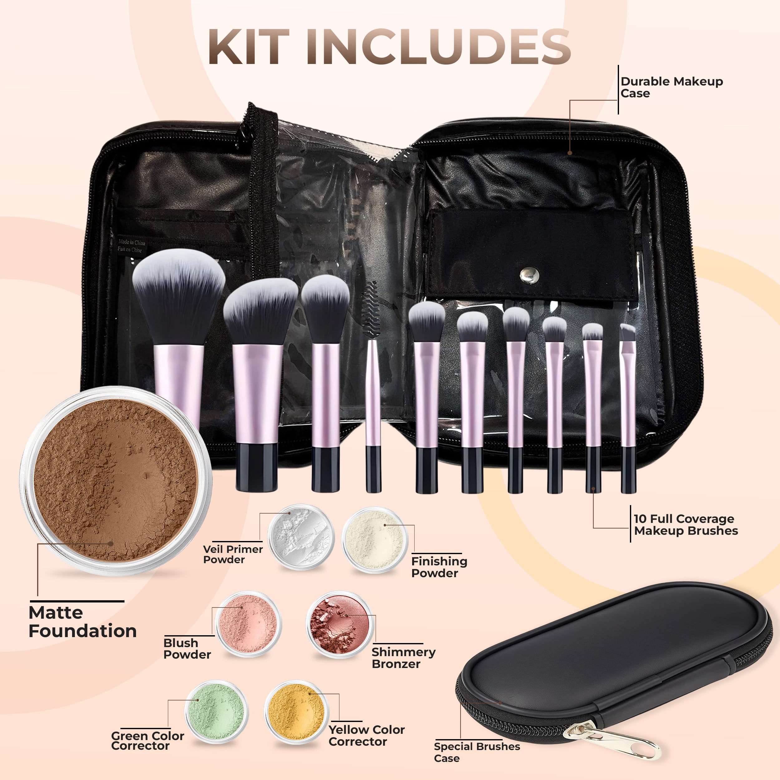 15 pc STARTER KIT w/BRUSHES & CASE (COCOA) Mineral Makeup Foundation Blush Bronzer Illuminating Veil Set Bare Skin Matte Powder