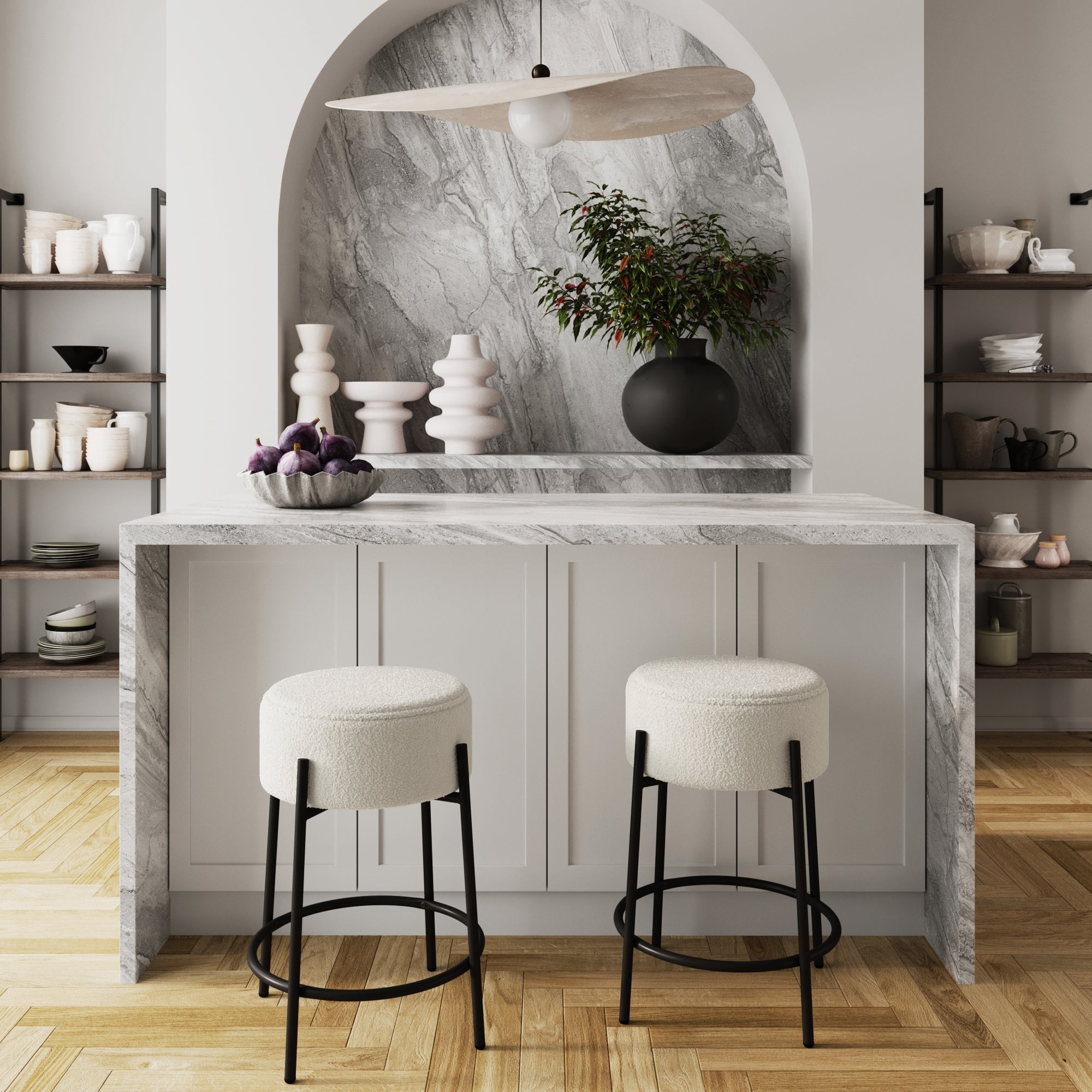 Isaac 24" Modern Backless Bar Stool with Round Soft Padded Boucle Seat and Metal Mid-Century Base, Boucle White/Black, Set of 2