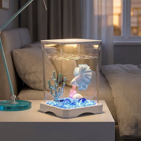 Mini Aquarium Desktop Ecology Aquarium with LED Lighting, Easy Manual Clean Design, Creative Cube Shaped Fish Tank, Starter Kit for Office and Home