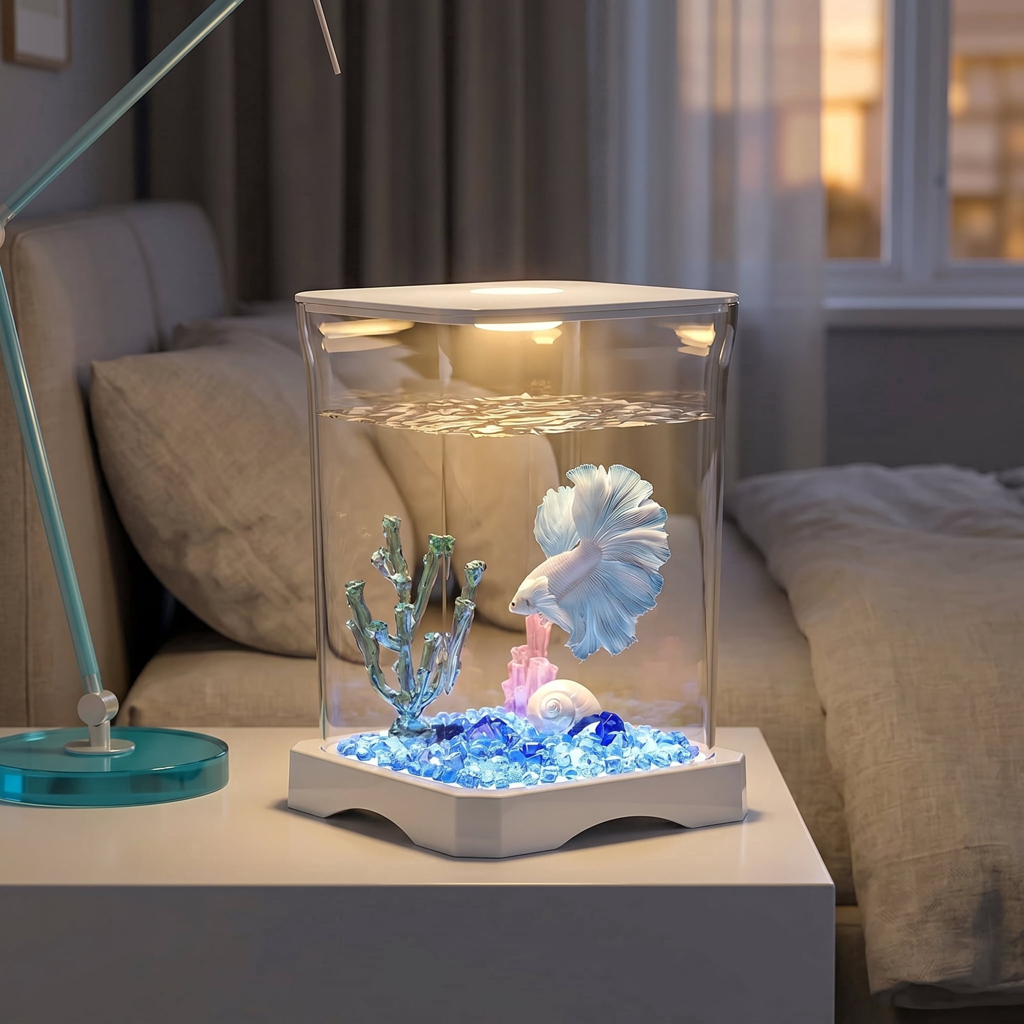Mini Aquarium Desktop Ecology Aquarium with LED Lighting, Easy Manual Clean Design, Creative Cube Shaped Fish Tank, Starter Kit for Office and Home