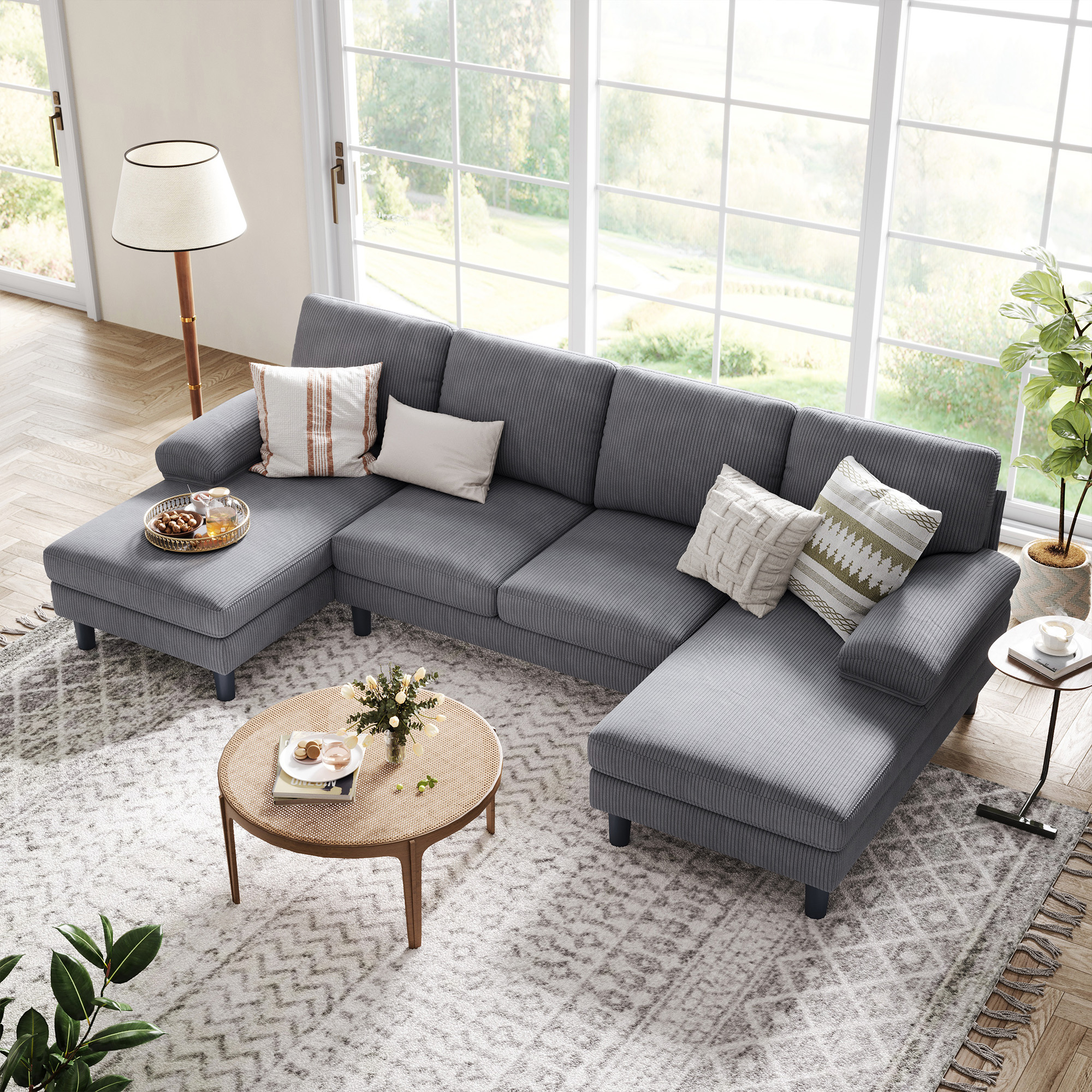 LINSY HOME Sectional Sofa for Living Room, U-Shaped Sofa Couch with Corduroy Fabric, 4 Seat Sofa with Double Chaise for Apartment, Dark Gray