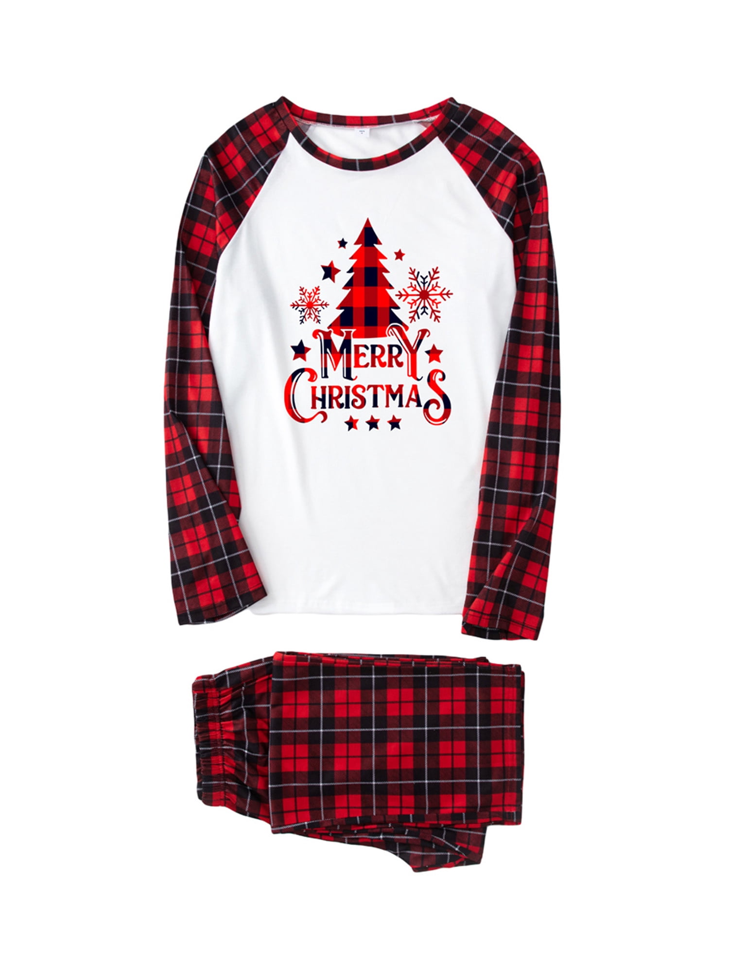 Christmas Pajamas for Family Long Sleeve Snowflake Tree Print Tops + Plaid Pants Set Winter Sleepwear