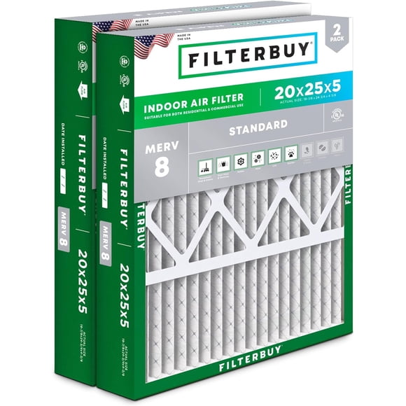 Filterbuy 20x25x5 MERV 8 (MPR 600) Dust Defense, Pleated HVAC AC Furnace Air Filters for Honeywell FC100A1037, Lennox X6673, Carrier, & More (2-Pack)