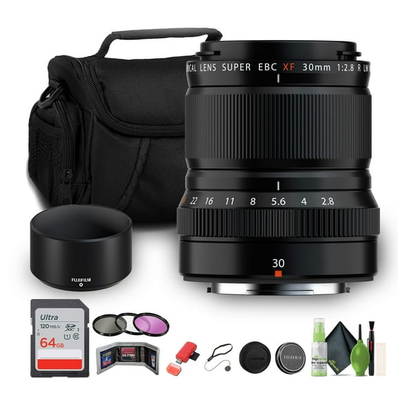 FUJIFILM XF 30mm f/2.8 R LM WR Macro Lens Bundle With 64GB Extreme PRO UHS-I SDXC Memory Card   Memory Card Wallet   USB Card Reader, SD/microSD   3PC MC PRO FILTER KIT UV/CPL/F 43   More