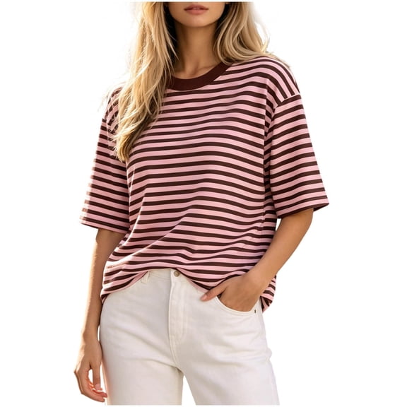 Guluxicc Women's Striped Beach Shirts Crew Neck 1/2 Sleeve Basic Tops for Summer Casual Outfits