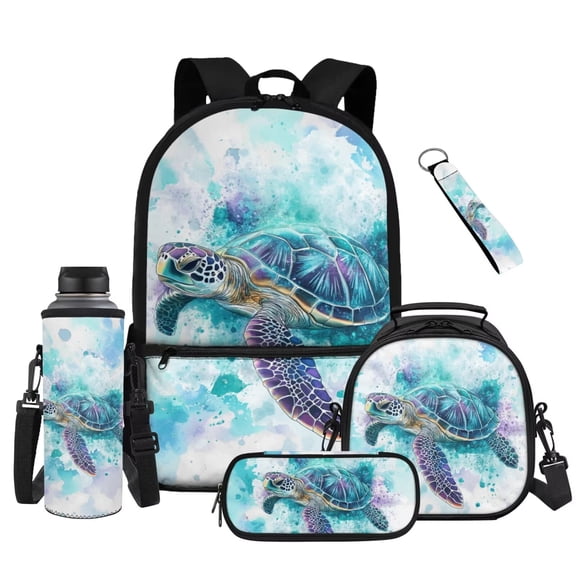 Uorisanigo 5 PCS Kids' Backpacks Set Travel School Girls Backpack Set Bookbag Sea Turtle Student Book Bag with Lunch Box Pencil Bag Water Bottle Sleeve Keychain for Primary Middle School Lightweight