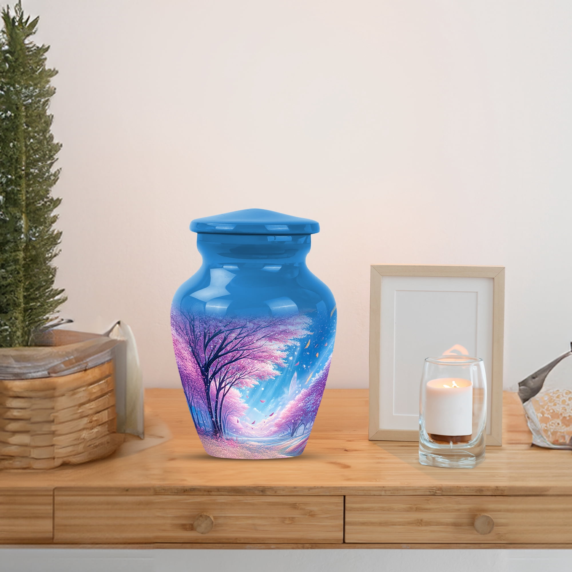 MUKTIVE Cherry Blossom Flowers Cremation Urns,Burial Urn for Human Ashes Adult Man, Decorative Urn for Women Funeral, Blue Cremation Urn for Ashes for Female Burial, 3 Inch