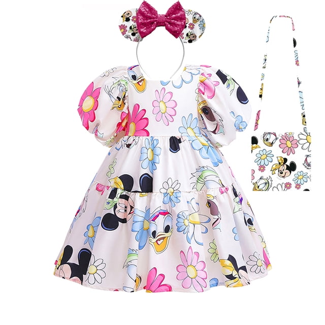 disney-vestido estampado de minnie mouse para niños y niñas, manga hinchada, princesa linda, ropa informal para bebés de 2 a 10 años, verano Vestido A-line de poliéster con cuello cuadrado y mangas hinchadas cortas, estampado de Minnie y margaritas, falda a la altura de la rodilla; incluye diadema con orejas y bolso cruzado a juego, fondo blanco. A menudo usado también como conjunto para sesiones de fotos infantiles.
