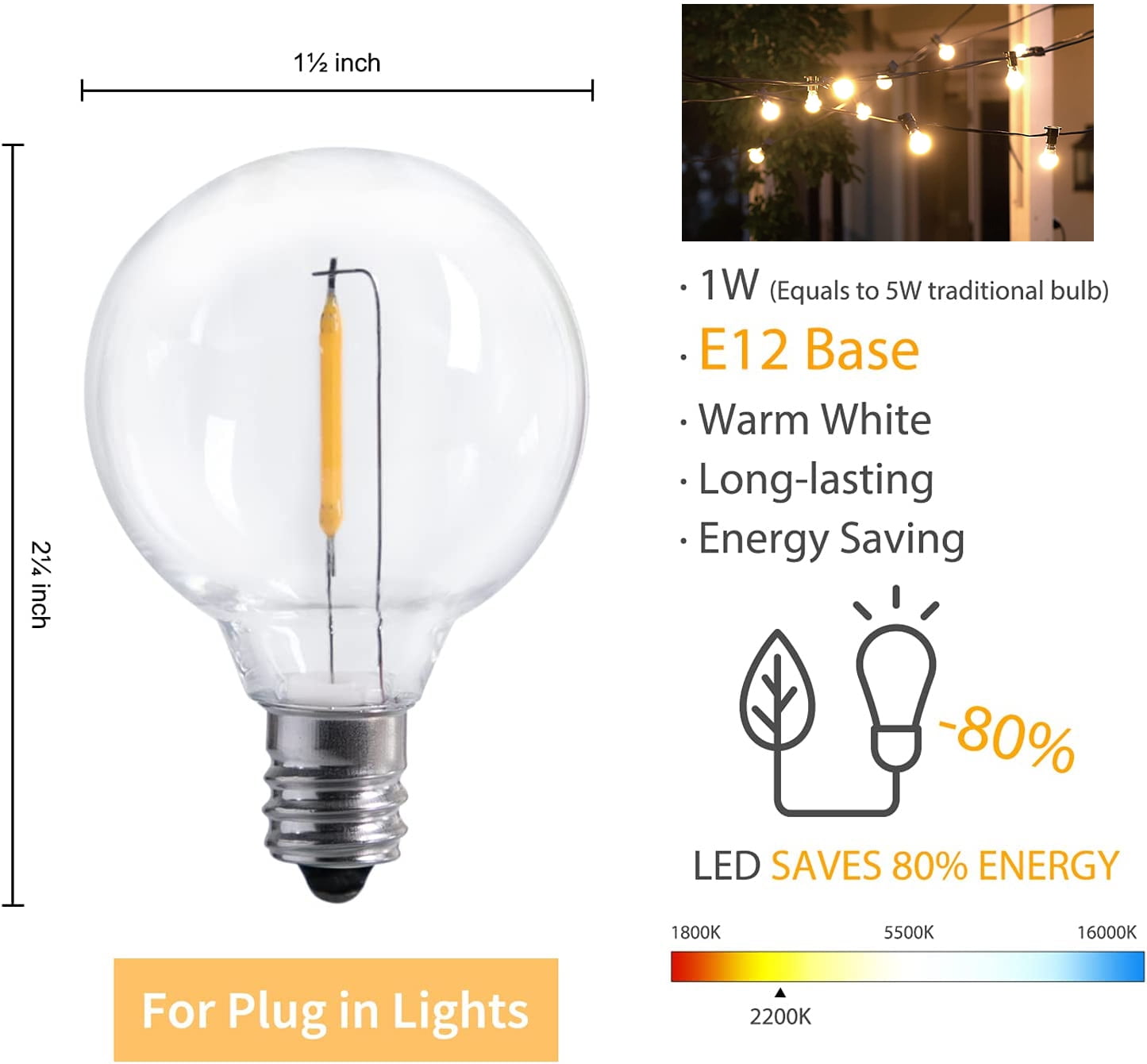 G40 LED Light Bulbs Replacement fits 1W E12 Candelabra Screw Base Sockets, Shatterproof & Waterproof Globe Bulbs for Indoor Outdoor String Light Patio Decor, 1W Per Bulb,2200K Warm White,25 Pack