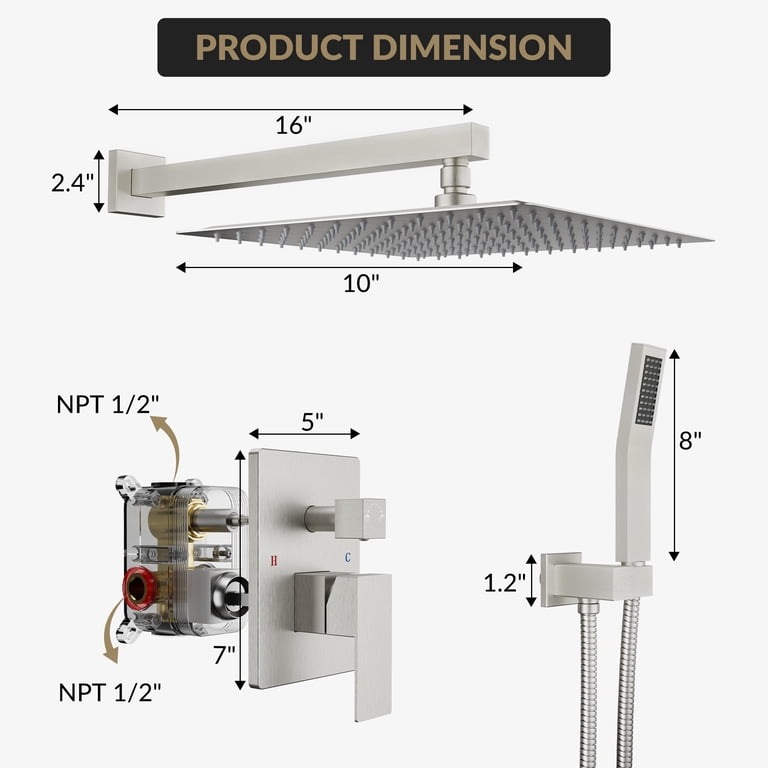 OUGOO 10-Inch Rainfall Shower System With Tub Spout & Handheld – Complete Rough-In Valve & Trim Kit – Brushed Nickel