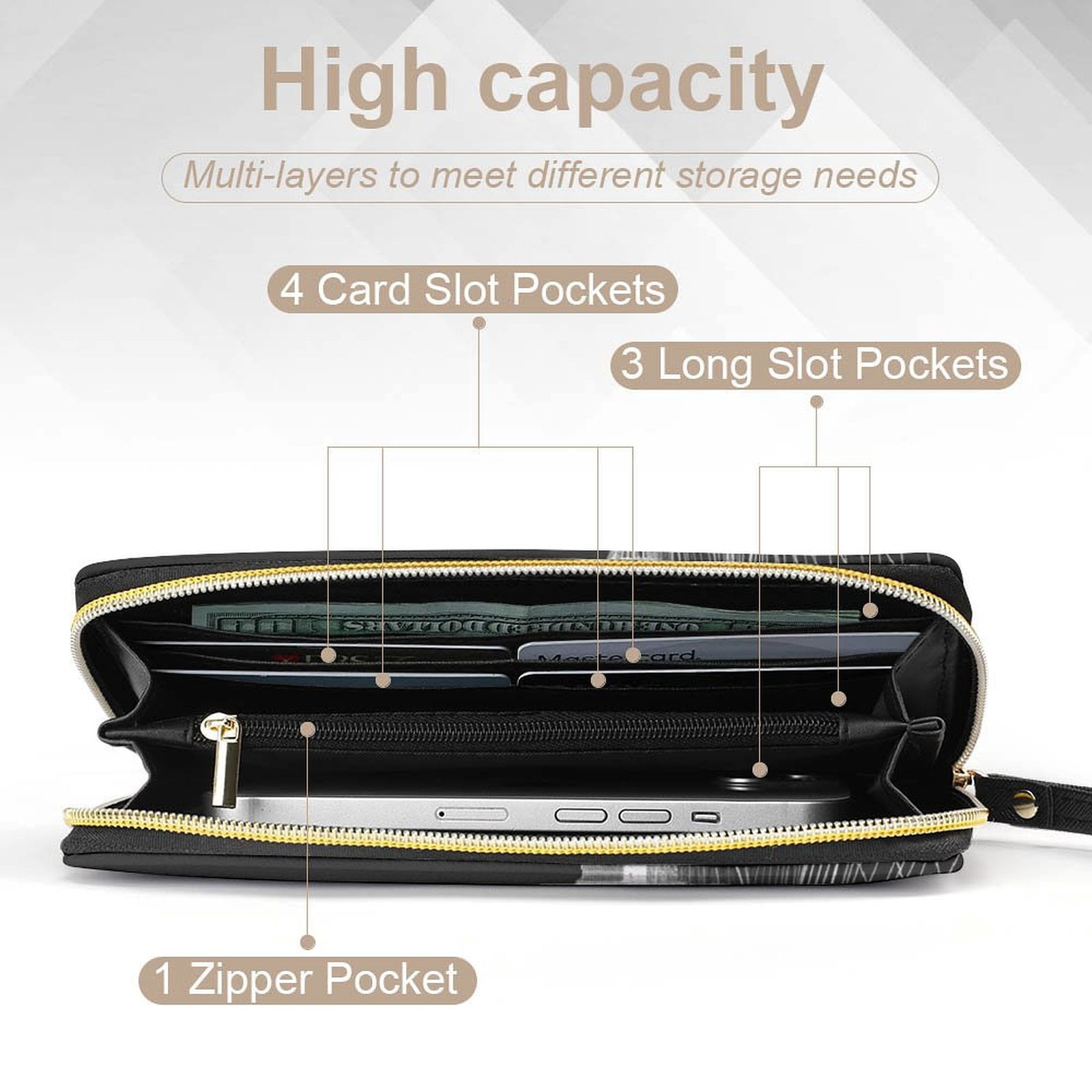 Womens Wallet Bifold Ladies Cluth Bag Wristlet Wrist Strap Long Purse SHANGHAI Hologram Design