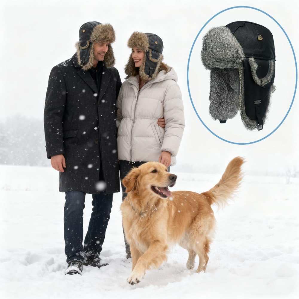 Winter Trapper Hat,Faux Rabbit Fur Knit Sheepskin Russian Trooper Aviator Hats Hunting Ski Ushanka Hat with Ear Flaps