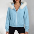 thumbnail image 2 of Women's Solid Zip Up Hooded Sweatshirt, Long Sleeve Cropped Sports Jacket with Side Pockets for Autumn Winter Sky Blue XL(XL), 2 of 9