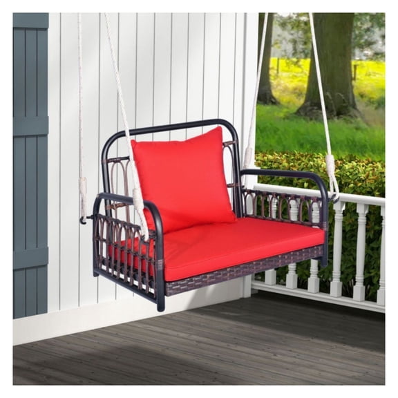 Patio Porch Swing Chair, Rattan Hammock with Cushion - Outdoor Hanging Seat for Backyard, Garden, Porch - 400lbs Capacity, Brown