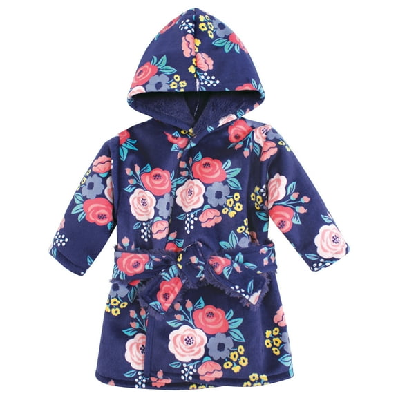 Hudson Baby Infant Girls Mink with Faux Fur Lining Pool and Beach Robe Cover-ups, Navy Bold Floral, 0-6 Months