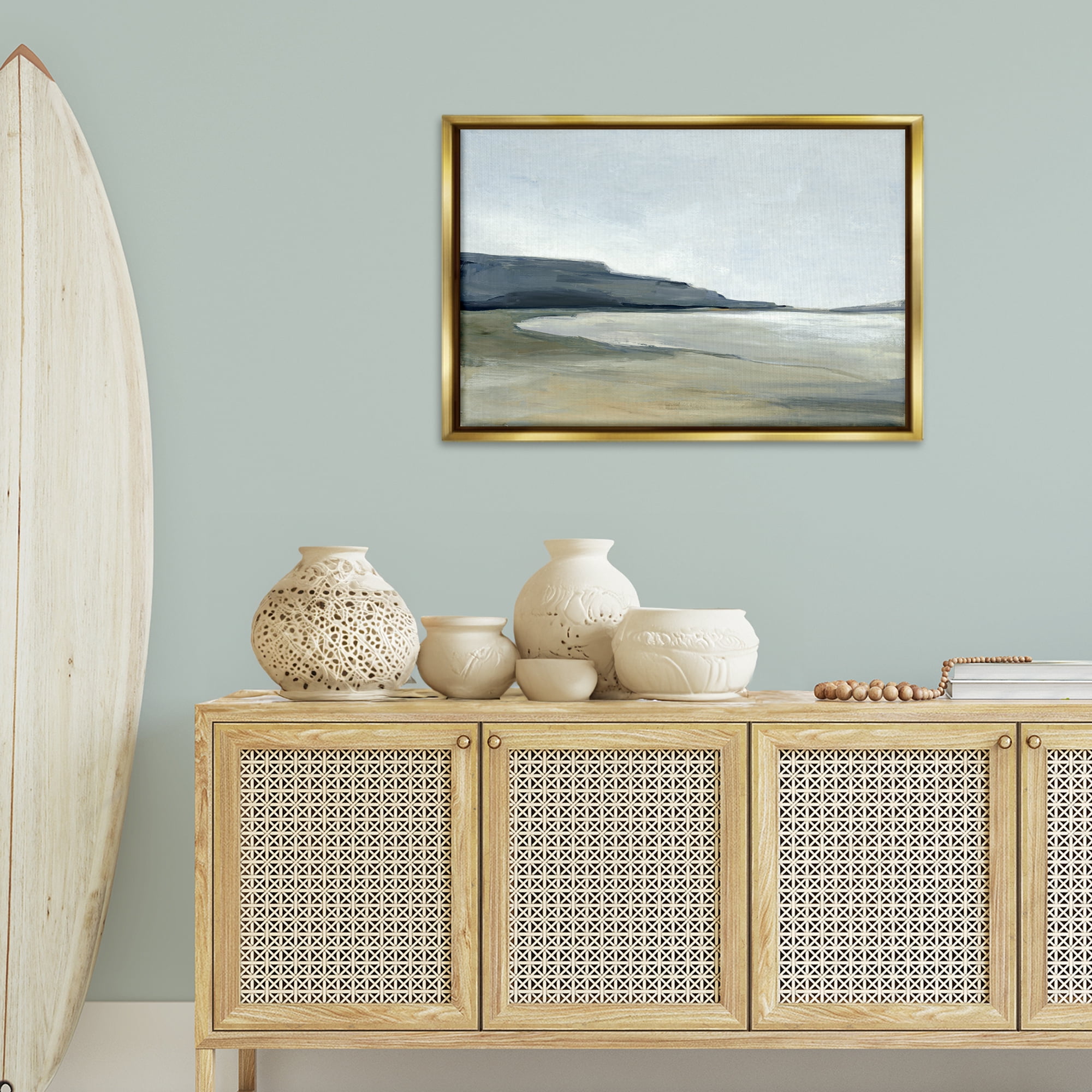 Stupell Industries Muted Coastline Cliff Landscape & Nature Painting Gold Floater Framed Canvas Art Print Wall Art, 31 x 21