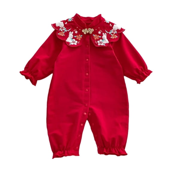 Ruyang Baby Girls Chinese Traditional Outfit Embroidered Bunny Floral Bodysuit Cute Ruffle Long Sleeve Button Jumpsuit