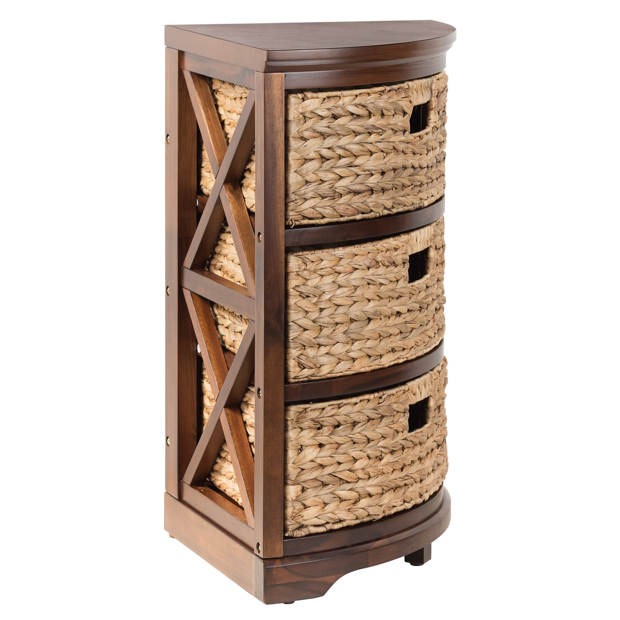Hampton Meadows 3 Tier X-Side Corner Table Storage Cabinet with 3 Natural Water Hyacinth Wicker Baskets for Living Room, Walnut