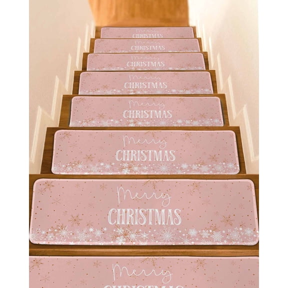 Merry Christmas, Stair Treads for Wooden Steps Indoor Runner Rug Carpet, Blush Pink Gold Winter Snowflake 10 Pieces Peel and Stick Staircase Step Treads Covers Washable Throw Door Mats, 30"x8"