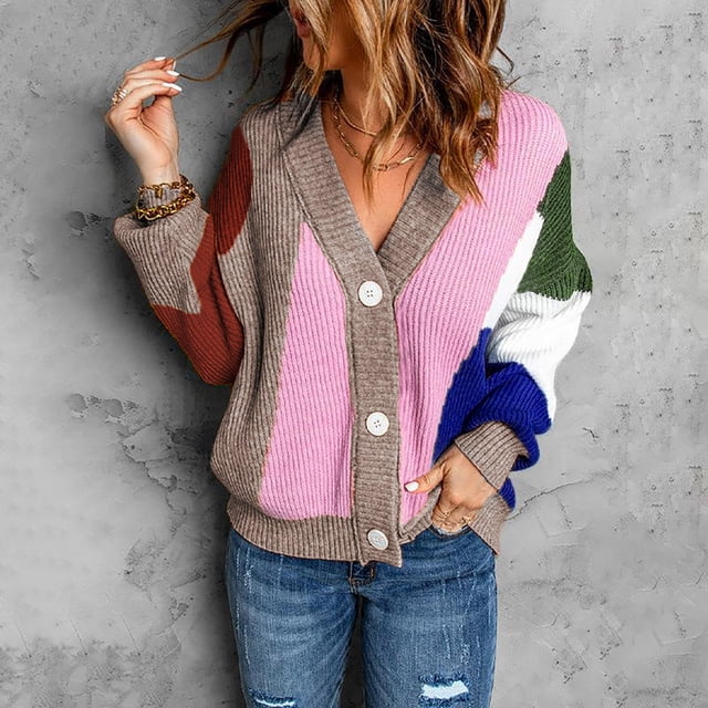 Aqestyerly Cardigans à Capuche pour Femmes Boutons Color Block Col en V Tricoté Décontracté Mode Manches Longues Hauts Blouse