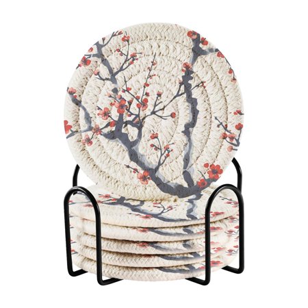 

6 coil coasters 3.94x3.94x0.24 inch water coasters Drink coasters with cup holders Absorbent coasters Heat resistant for bar protection Red Cherry Blossom