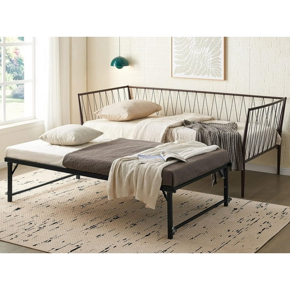 Kings Brand Furniture Bella Twin Size Metal Day Bed with Trundle - Multifunctional Metal Bed Platform, Bed Sofa (Bronze)