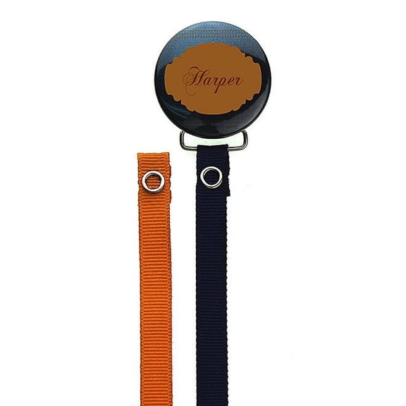 Personalized Name Navy & Brown Leather Look Pacifier Clip with Two Matching Ribbons