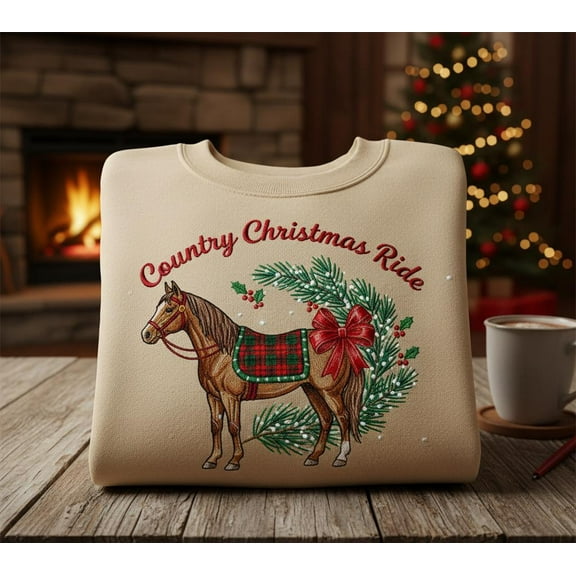 Custom Country Christmas Ride Embroidered Sweatshirt, Plaid Saddle Horse Holiday Crewneck, Cozy Western Christmas Sweater