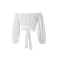 thumbnail image 5 of Gureui Women’s Crop Tops, Casual Solid Color Off Shoulder Long Sleeve Tie Knot Back Cutout Slim Fit Ruched Cropped T-Shirts for Spring, Fall, Summer, 5 of 9