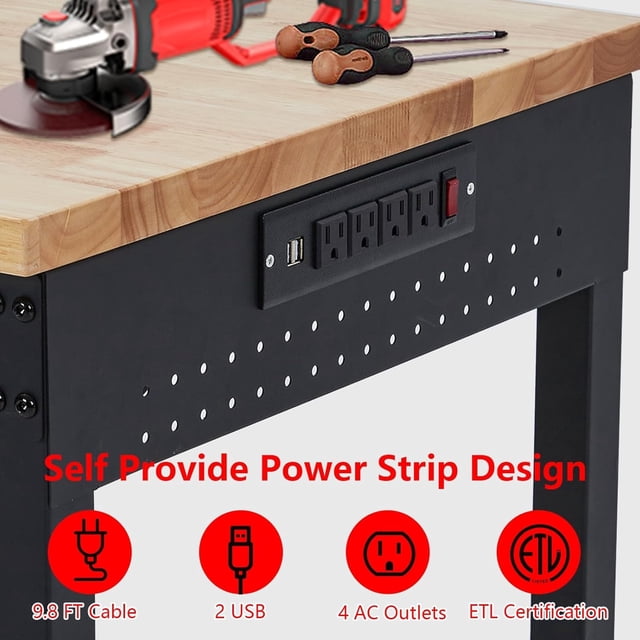 Kojooin 48" X 24" Workbench for Garage,Adjustable Work Bench for Garage,Office,Home,Workshop,Woodworking,Rolling Heavy-Duty Worktable with Power Outlet and Lockable Wheels,Rubber Wood Top Shop Table