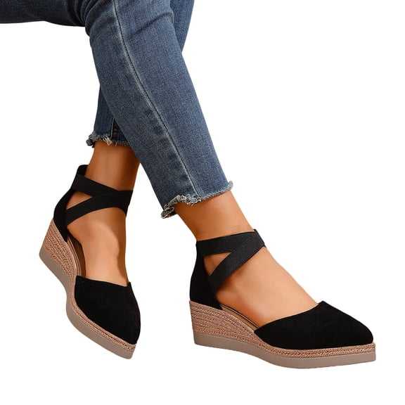Rokment Platform Wedges Sandals for Women Strappy Suede Closed Pointed Toe Espadrilles Chunky High Heels 2026 Beach Fashion Casual Dress Shoes Black Size 6