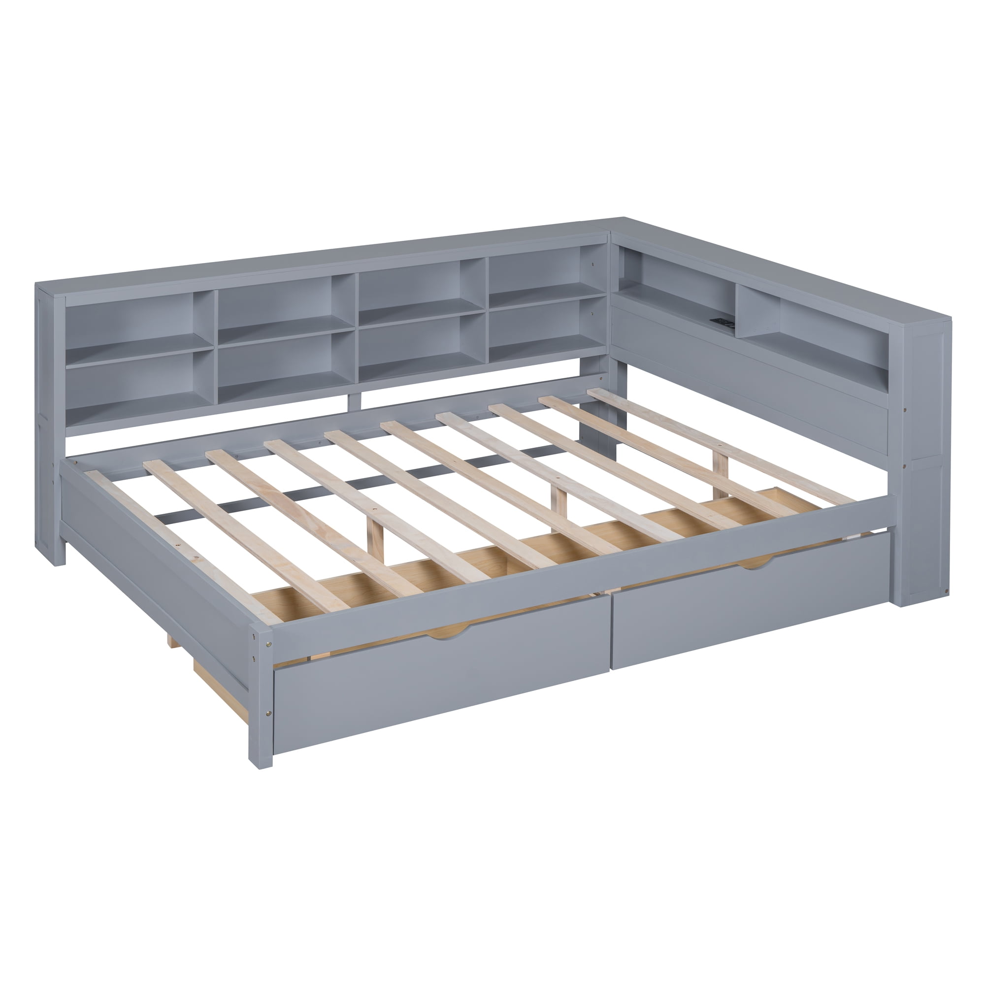 Mintazer Full Daybed with Storage Headboard & Charging Station, 2 Drawers & Shelves, Wood Bed Frame for Kids Bedroom, Grey