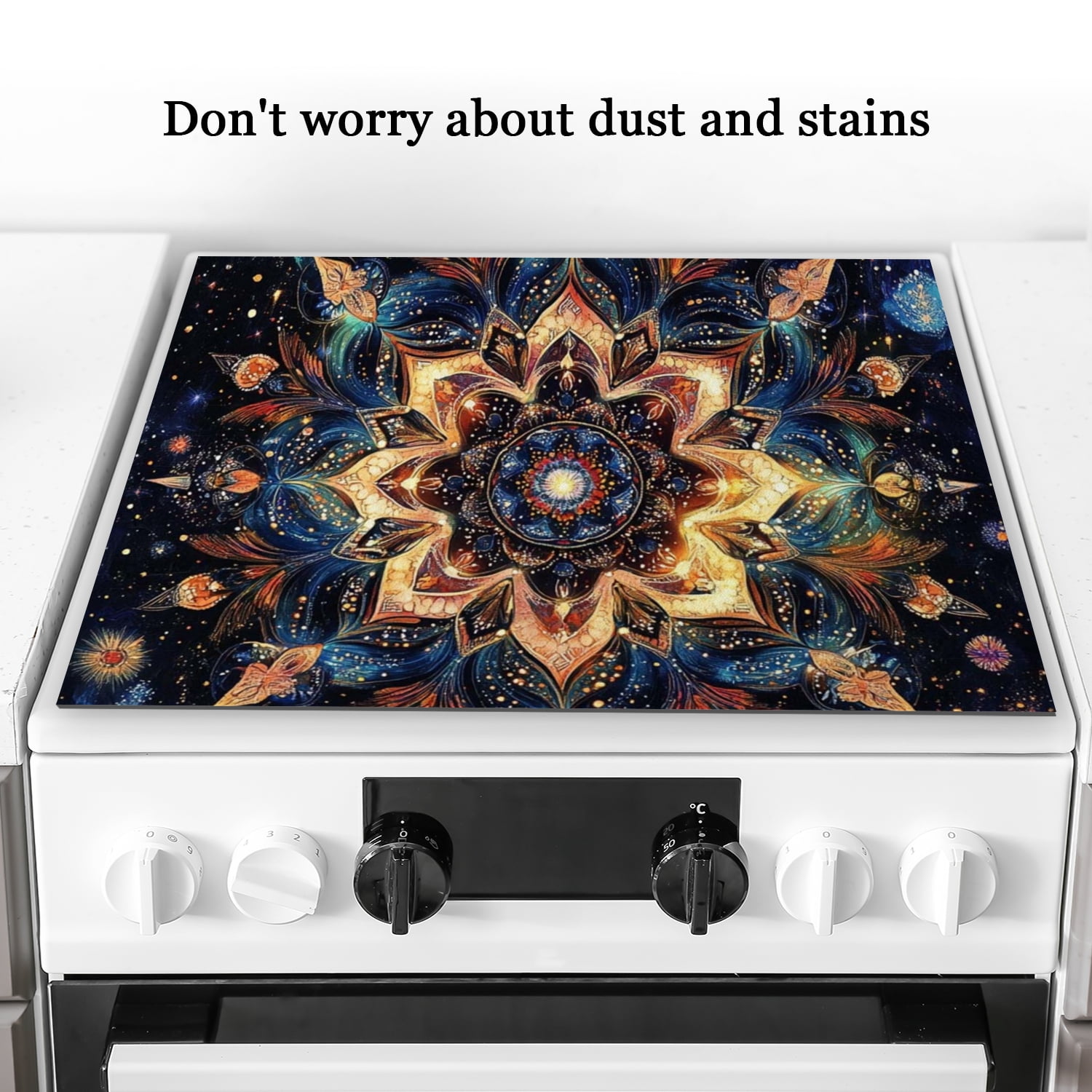 Glass Stove Top Cover, Mystery Mandala Flowers Pattern Scratch-Resistant Electric Stove Protector, Square Foldable Durable Kitchen Decor Mat for Kitchen RV (28×20 Inch)