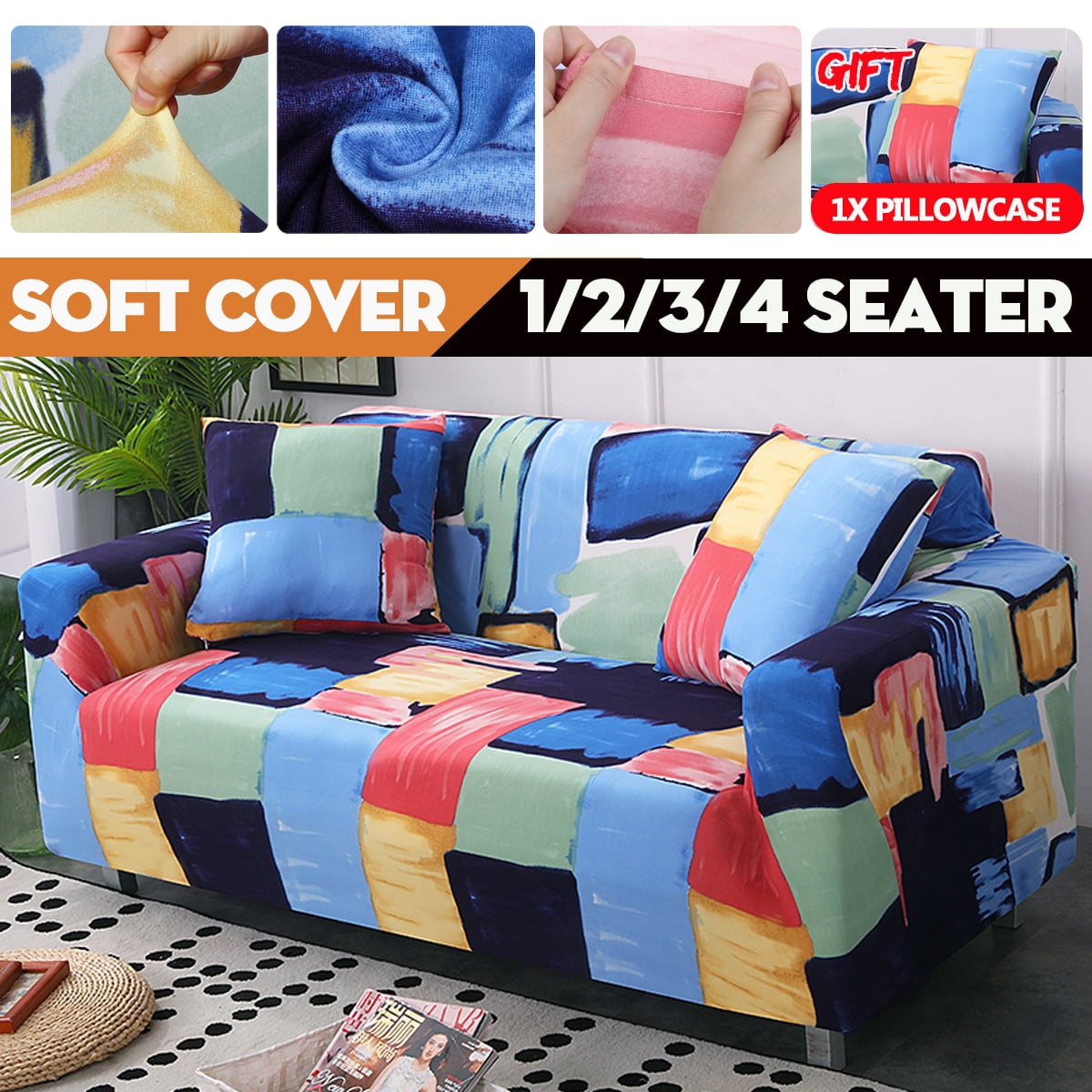 Pure Multicolor Stretch Sofa Soft Cover Solid 4Seater Couch Covers W/ Pillowcase 