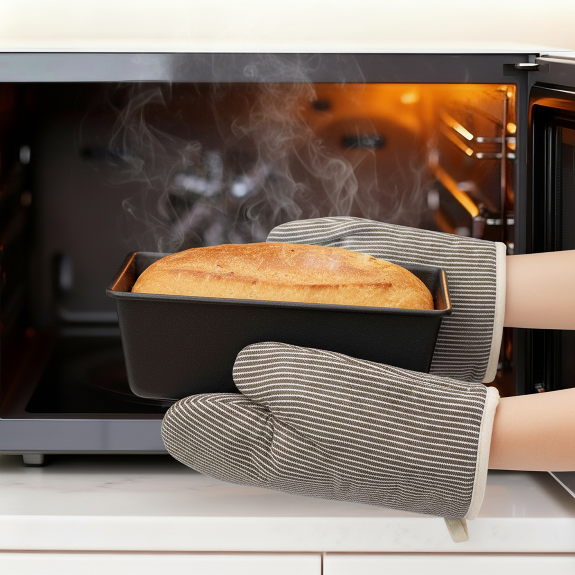 Unique Bargains Heat-Resistant Cooking Gloves Thick Cotton Lining Brown 10.2x7.5inch